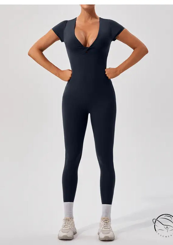 Navy blue langry fashion yoga bodysuit with deep v-neck