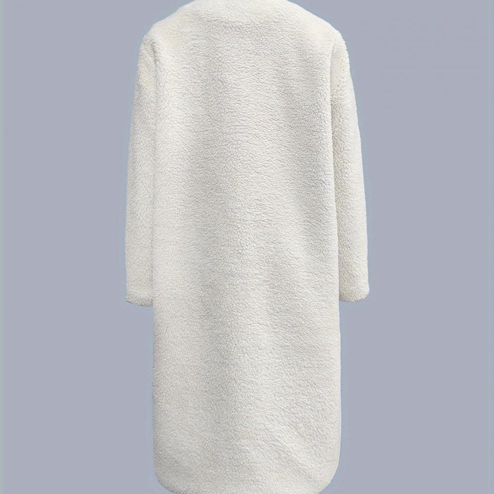 White fluffy long coat with fur collar, perfect for fashionable language-inspired ملابس style