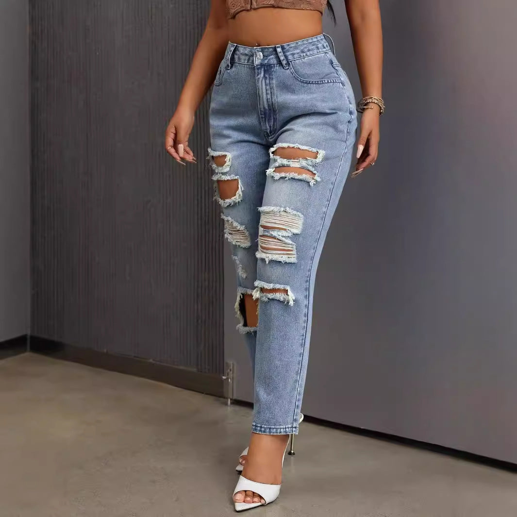Slimming Skinny Ripped Jeans featuring light-wash distressed denim for a stylish look