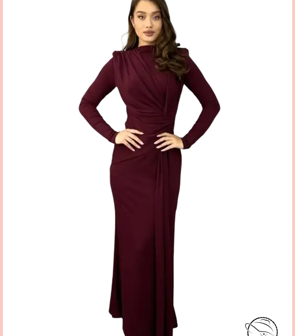 Sleek maroon maxi dress with high neckline and draped waist detailing