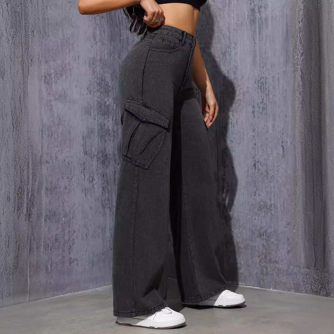 Wide-leg gray cargo pants in trendy fashion style for women ملابس with a langry look