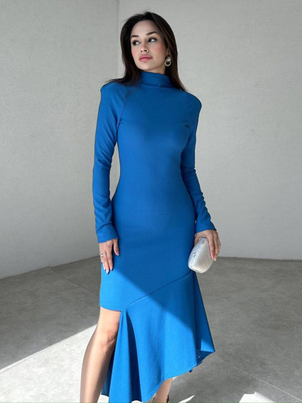 Elegant royal blue langry fashion slit dress with ruffled hem