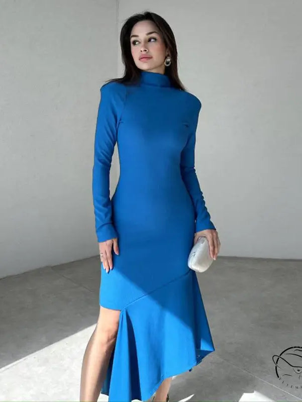 Elegant royal blue langry fashion dress with side slit and ruffled hem