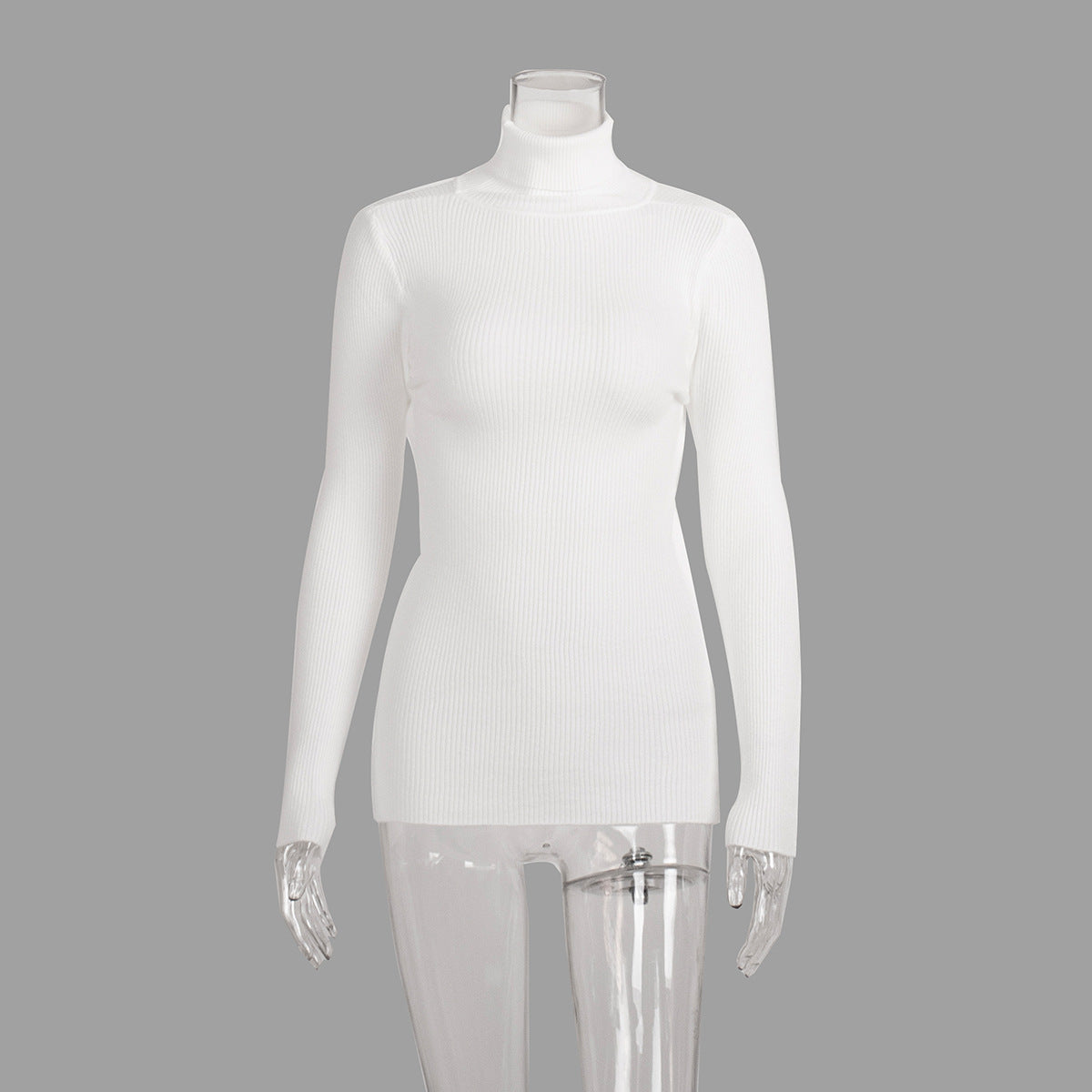 White ribbed Langry fashion turtleneck pullover on mannequin