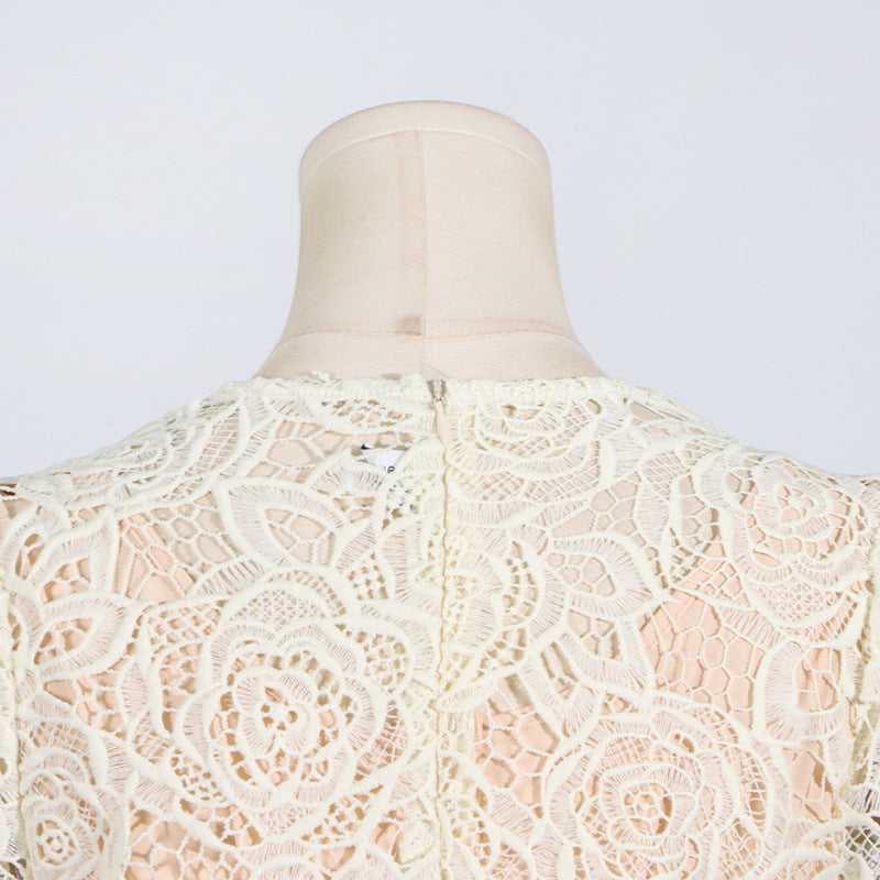 Cream-colored lace floral fabric with zipper, perfect for a French Elegant Dress summer fashion