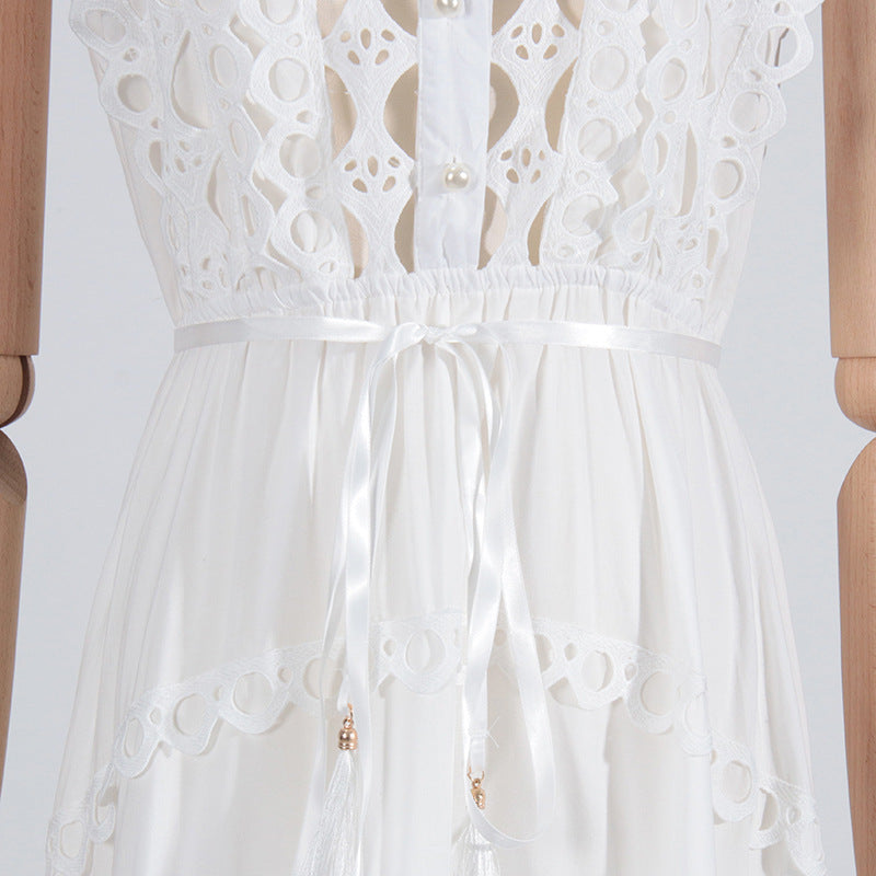 White lace dress with ribbon tie featuring stand collar and lingery-inspired fashion style