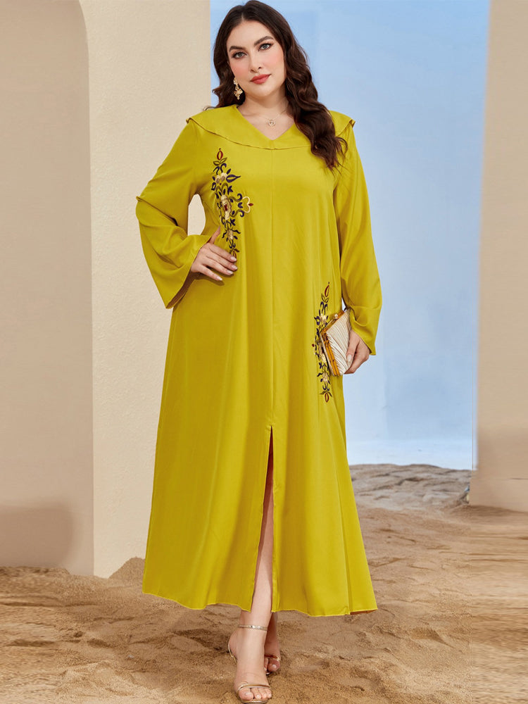 Yellow embroidered langry abaya dress with bell sleeves and side slit