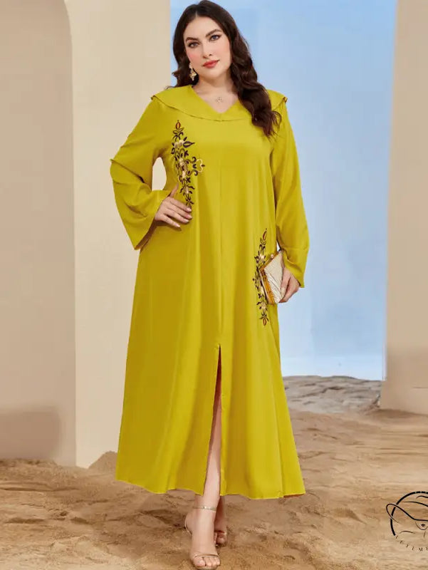 Yellow embroidered abaya dress with bell sleeves, langry fashion ملابس