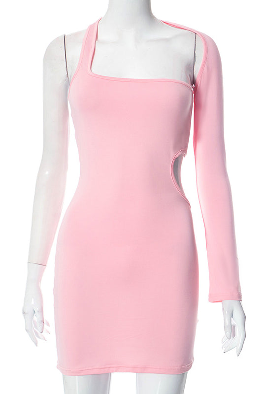 Pink form-fitting sleeveless dress with one long sleeve, a captivating evening fashion piece