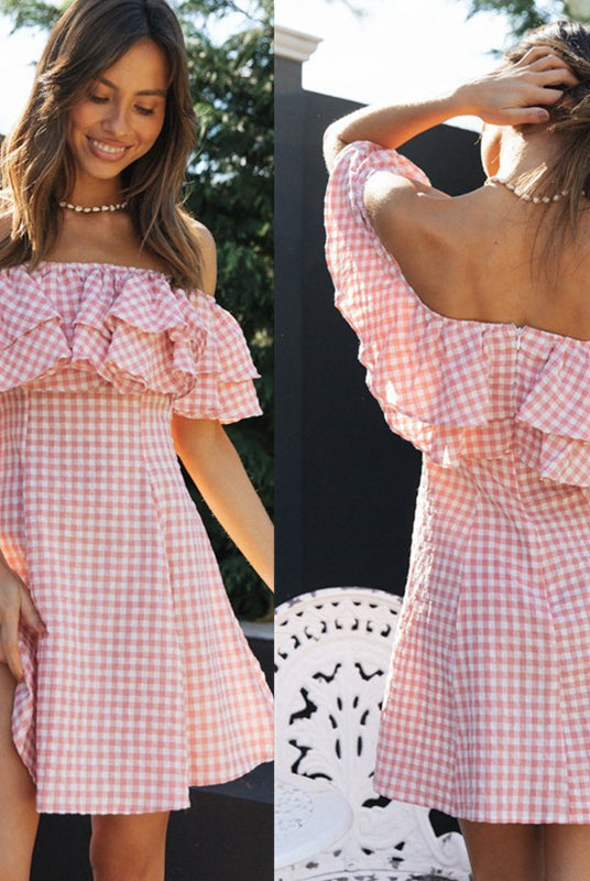 Elegant Plaid Off-shoulder Ruffled Collar Dress