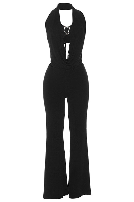 Langry fashion black halter deep V plunge backless jumpsuit with flared legs and waist cutout