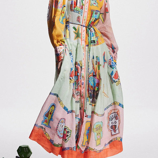 Single Breasted Long Lantern Sleeve Graffiti Printing Lace Up Large Swing Dress