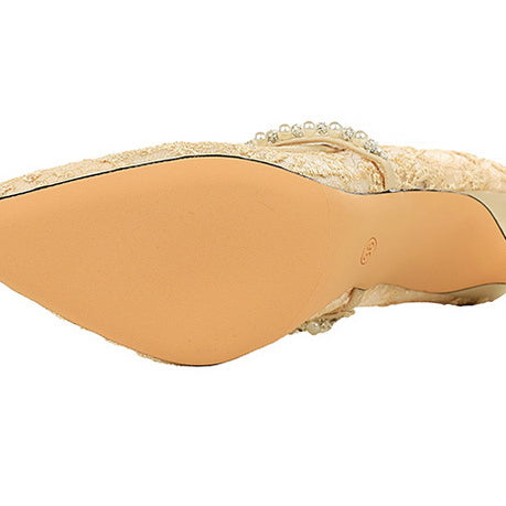 Langry fashion mesh rhinestone pearl strap stiletto high heels with gold glittery pointed toe