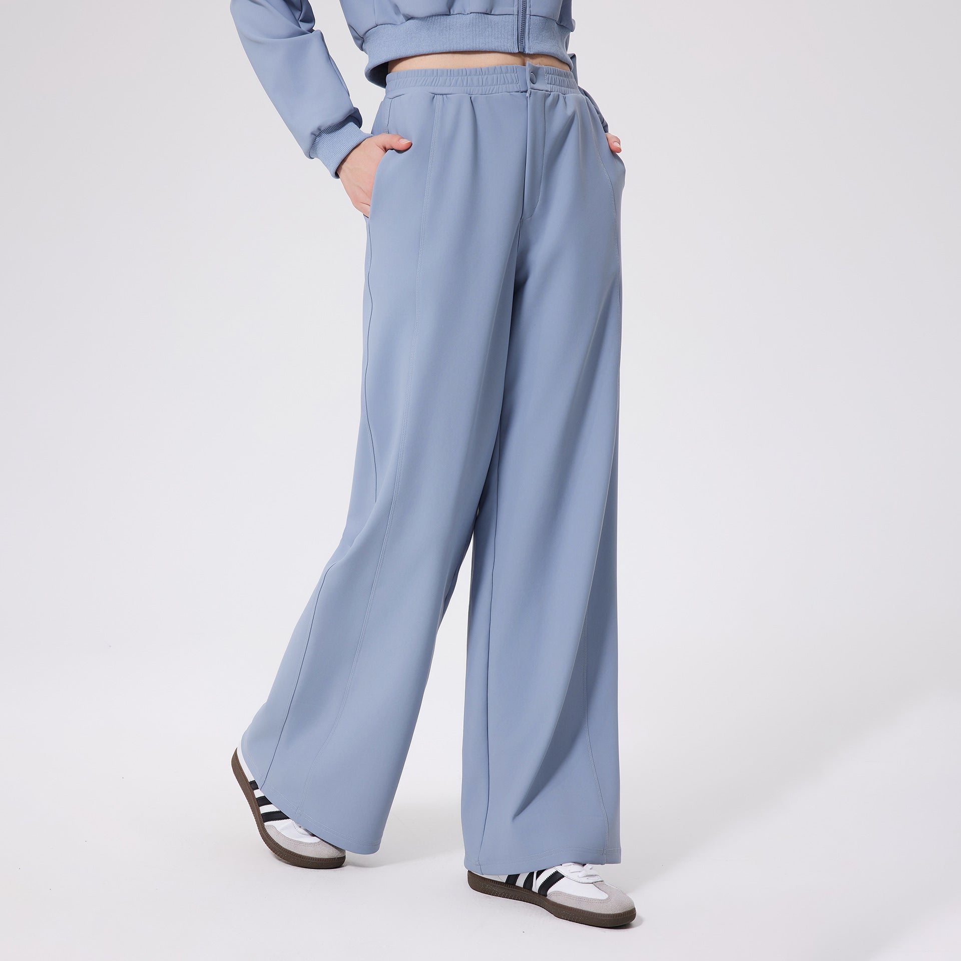 Light blue loose fitness warm pants with high waist and pockets
