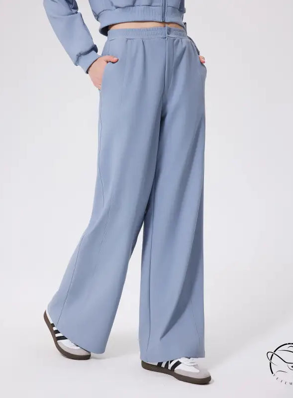 Light blue loose fitness warm pants with high waistband and pockets