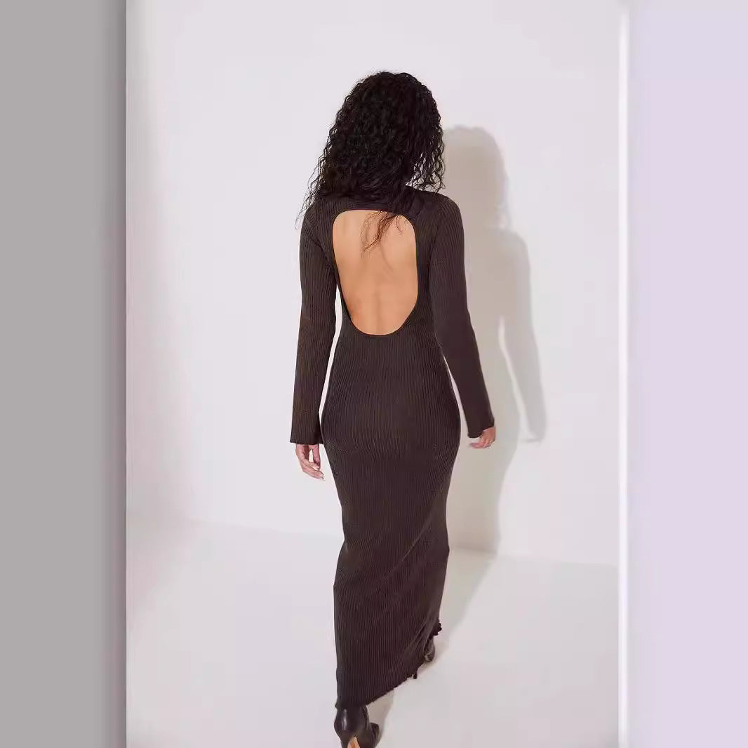 Long-sleeved, backless brown Slim Fit Woolen Knitted Dress ideal for langry fashion and ملابس