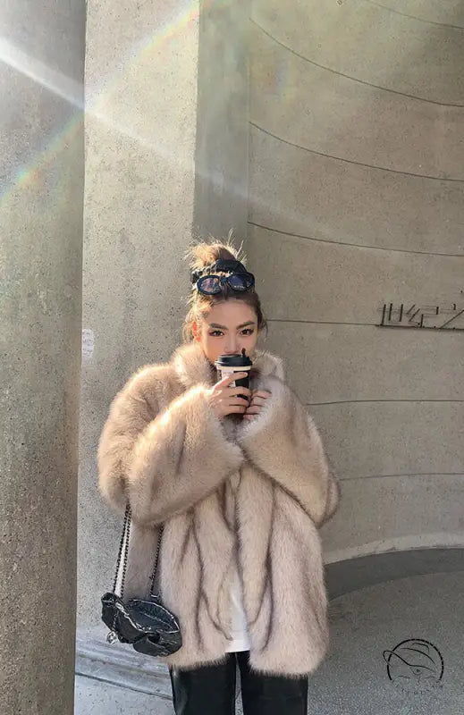 Luxurious cream faux fur shearling jacket by Langry fashion