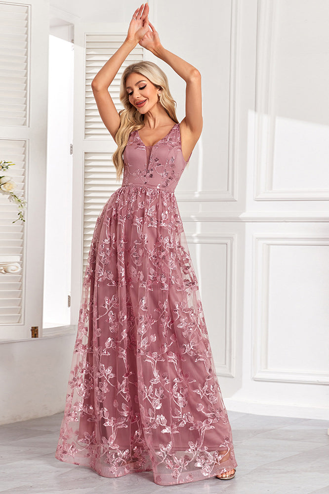 Elegant mauve evening gown with mesh floral print and floral embroidery design