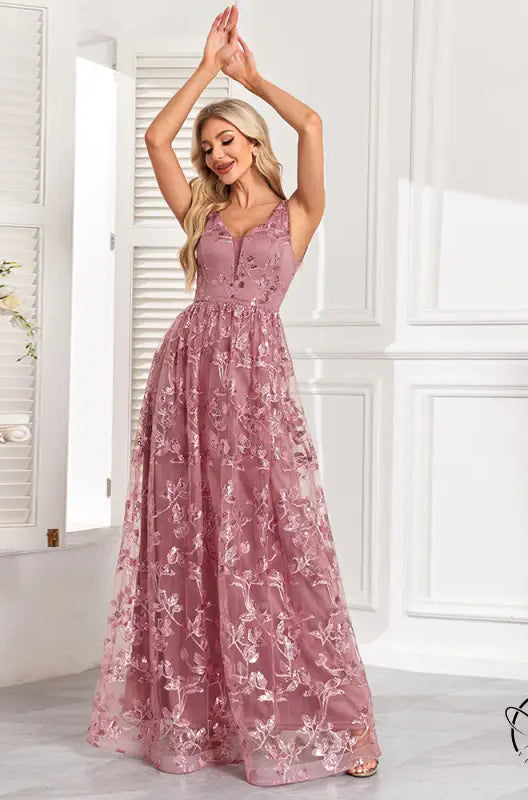 Mauve sleeveless mesh floral print evening gown with embroidery