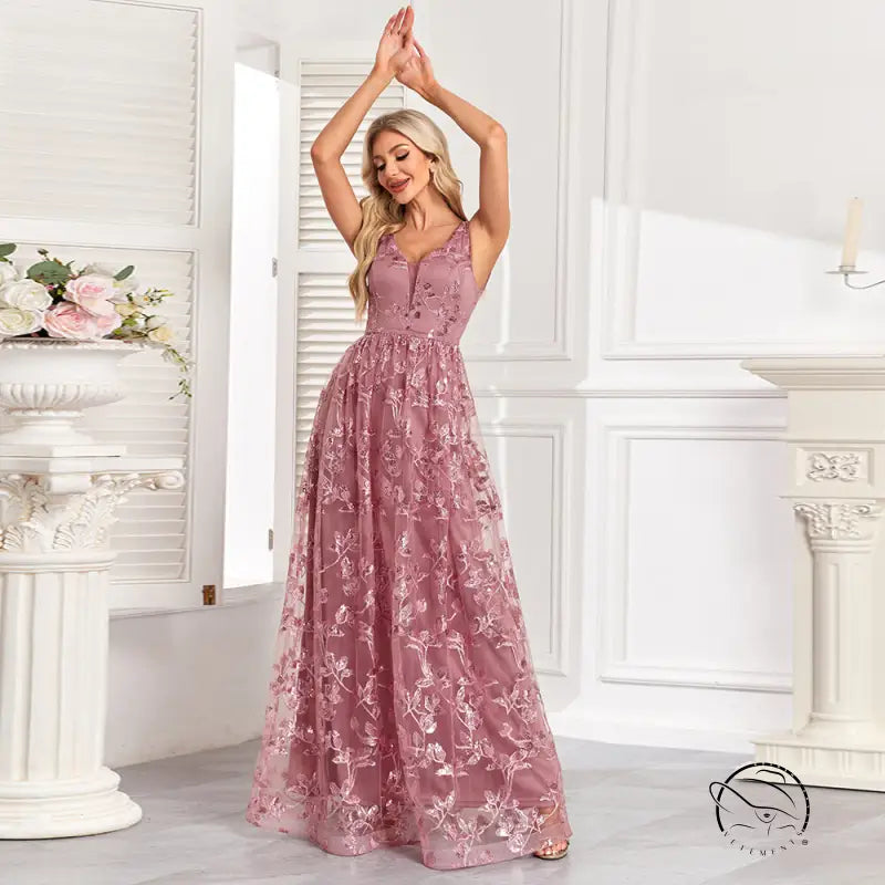 Mauve sleeveless mesh floral print evening gown with embroidery