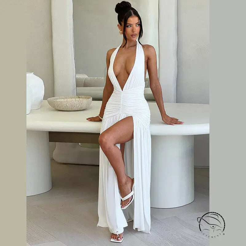Elegant white halter-neck maxi dress in langry fashion ملابس