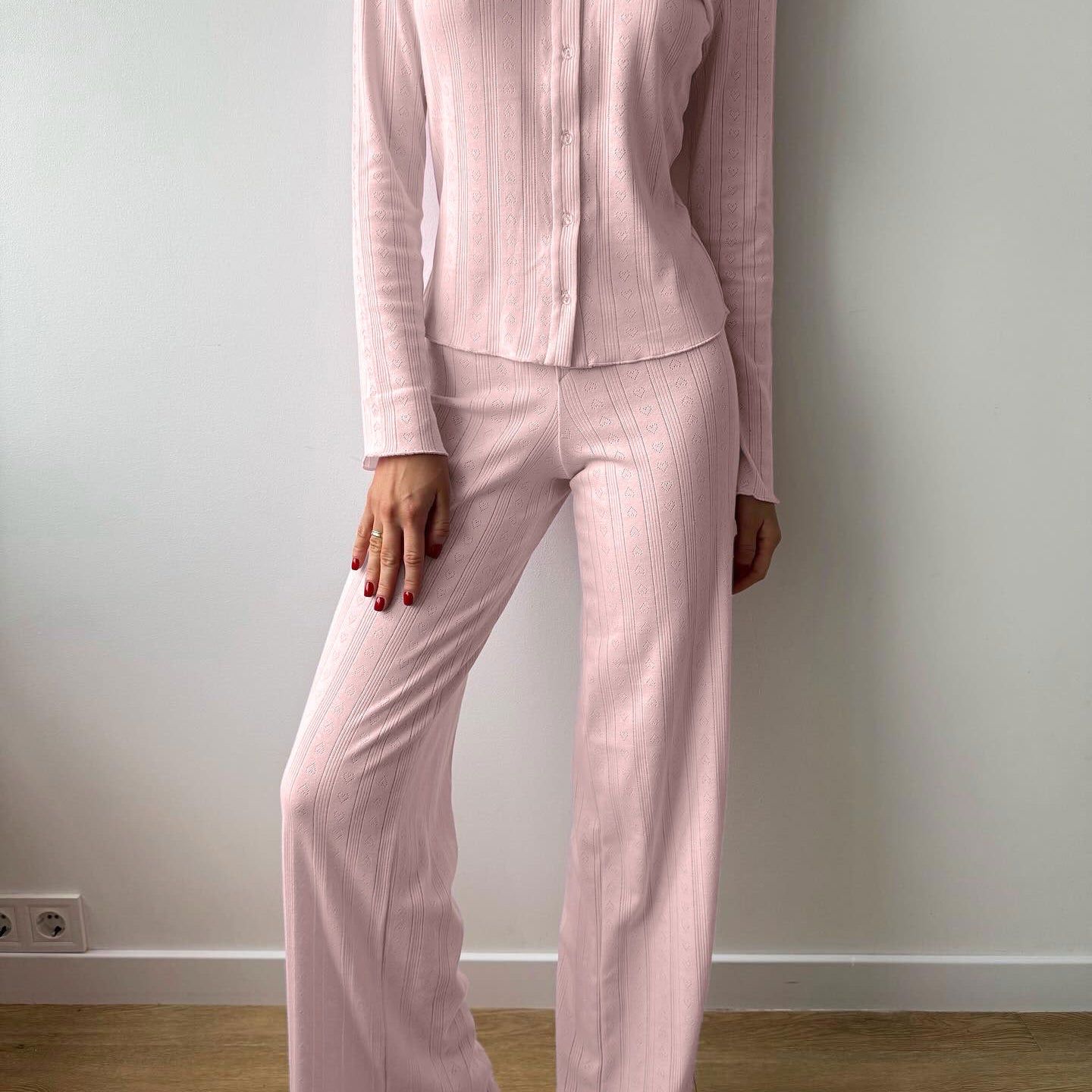 Light pink Langry fashion pajamas set with scalloped edges and buttons