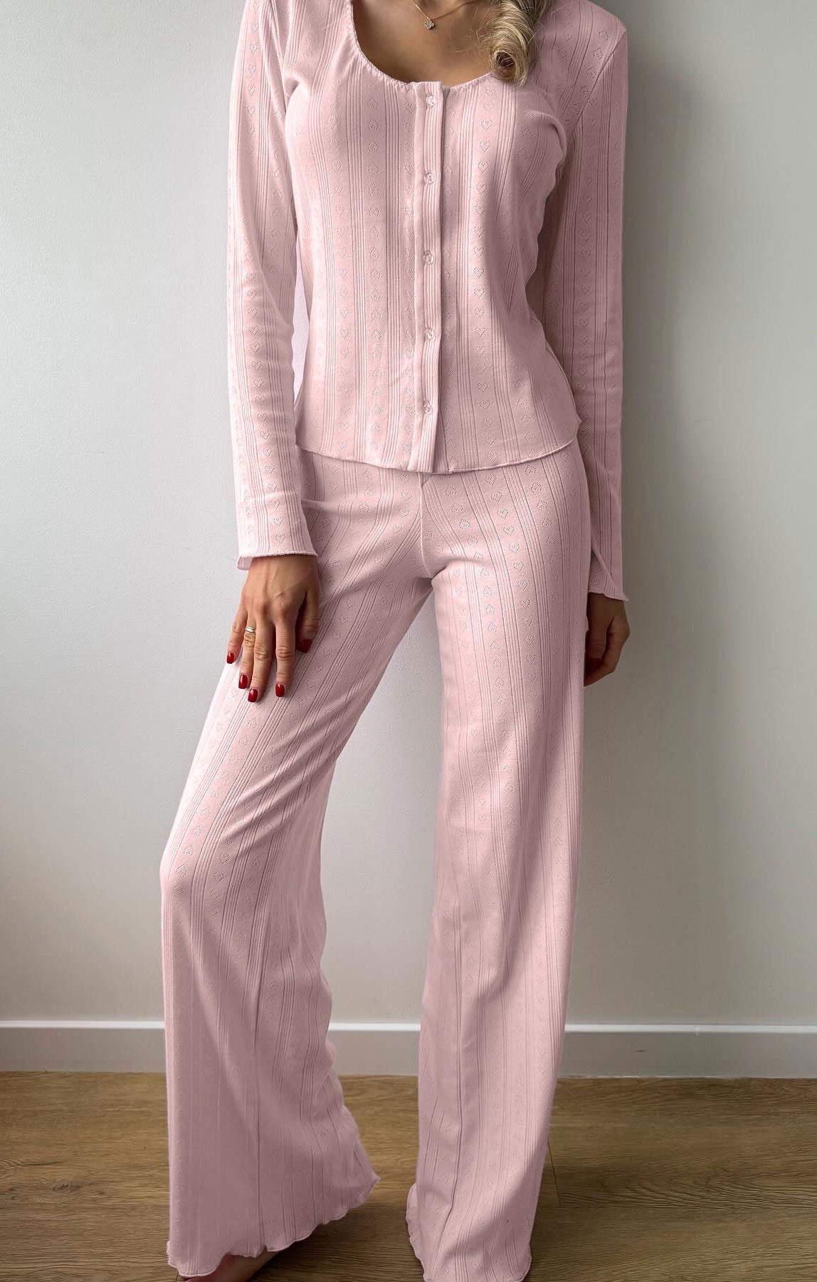 Light pink Langry fashion pajamas set with scalloped edges and buttons