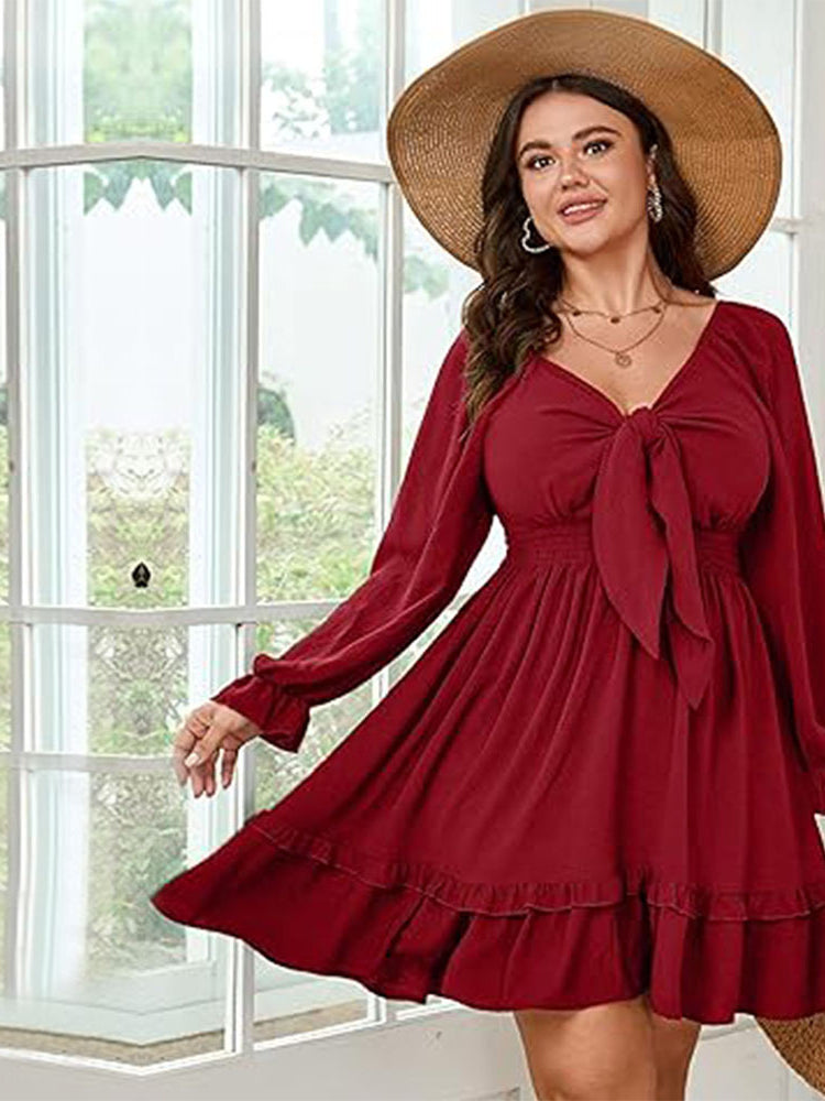 Burgundy tie-front dress, a fashionable choice in elegant red midi dresses for stylish ملابس