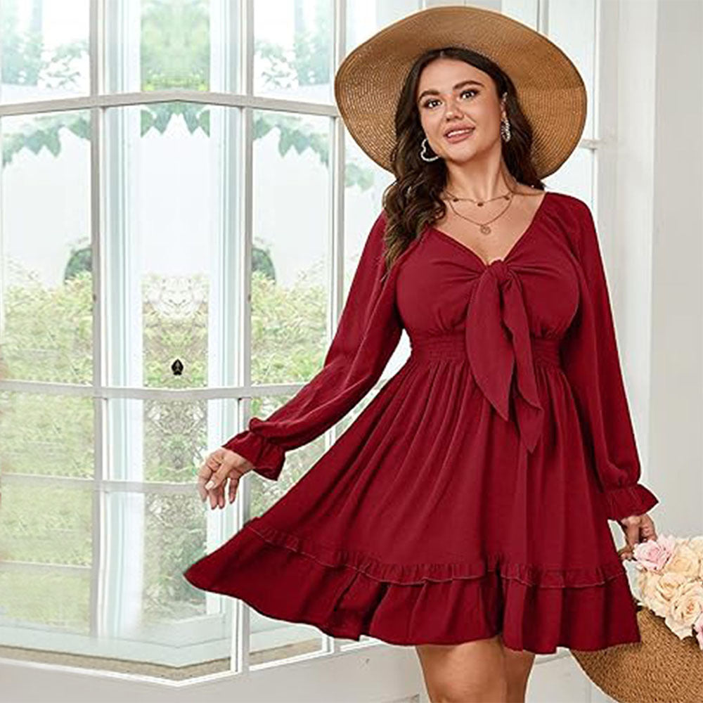 Burgundy tie-front dress, a fashionable choice in elegant red midi dresses for stylish ملابس