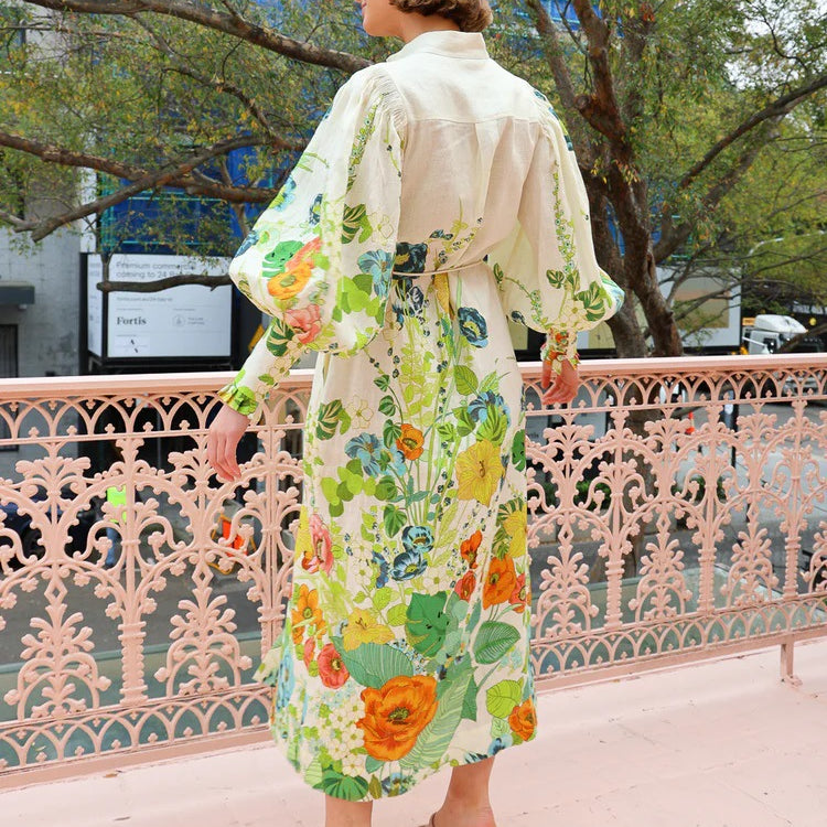Floral print long sleeve midi dress with balloon sleeves for casual summer fashion