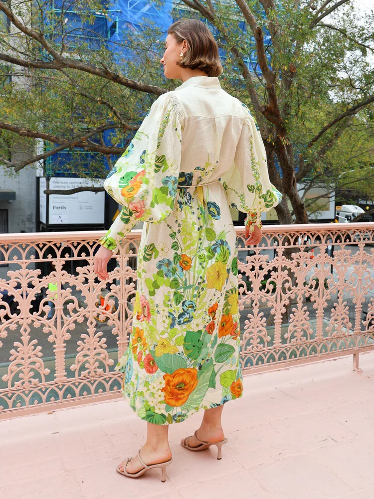 Floral print long sleeve midi dress with balloon sleeves for casual summer fashion