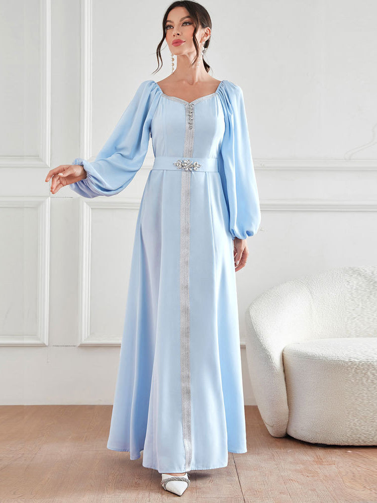 Elegant high waist langry fashion chiffon dress with rhinestone beaded waistband