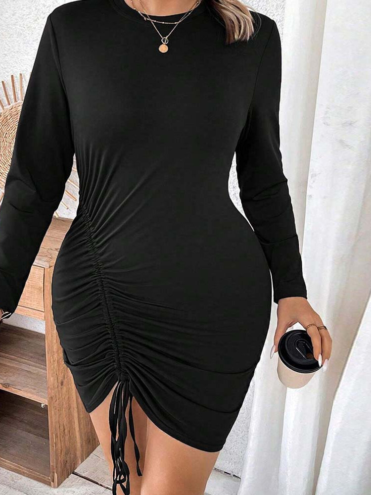 Black long-sleeved drawstring dress from Elegant High Waist Hip Wrapped Dress collection, stylish ملابس