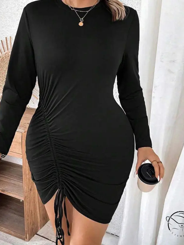 Elegant high waist hip wrapped black long-sleeved drawstring dress
