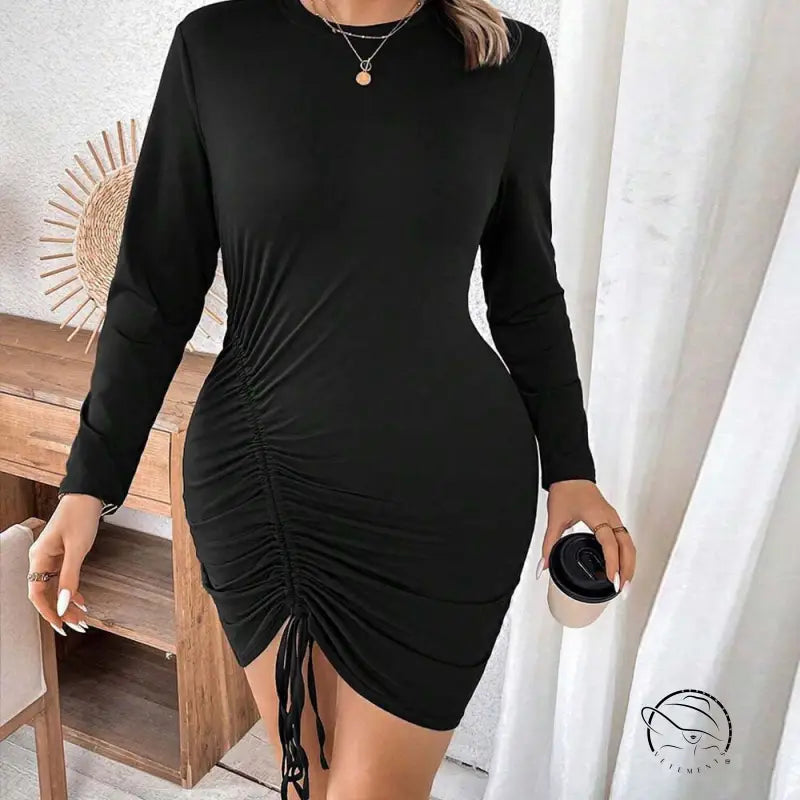 Elegant high waist hip wrapped black long-sleeved drawstring dress