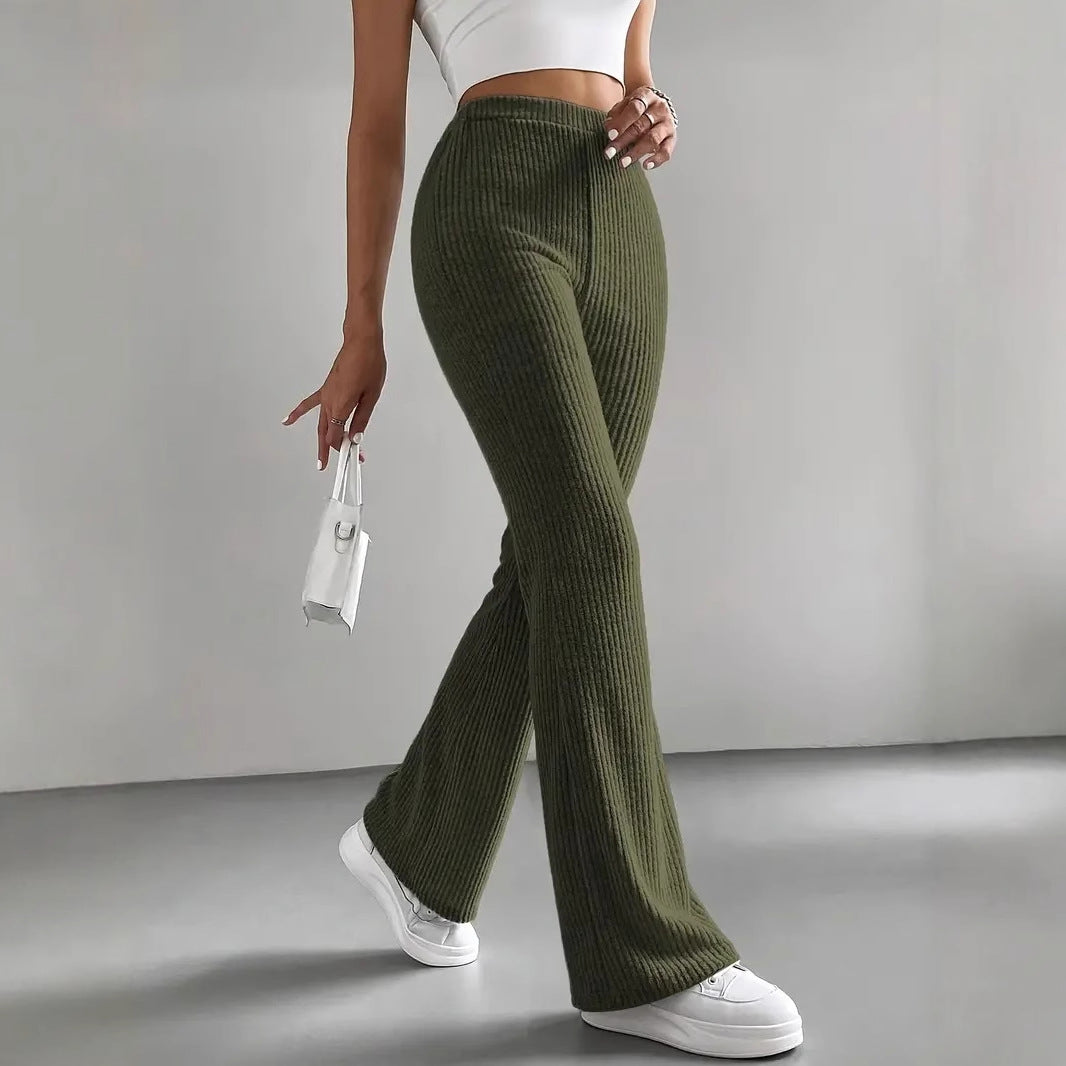 Olive green ribbed flare casual knitted match pants designed for versatile style