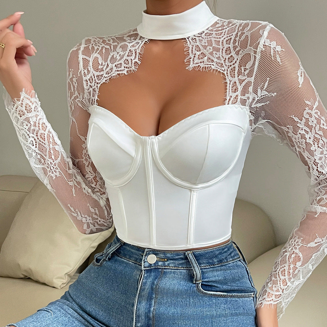 Elegant lace long sleeve bustier top with high collar and keyhole cutout for fashion