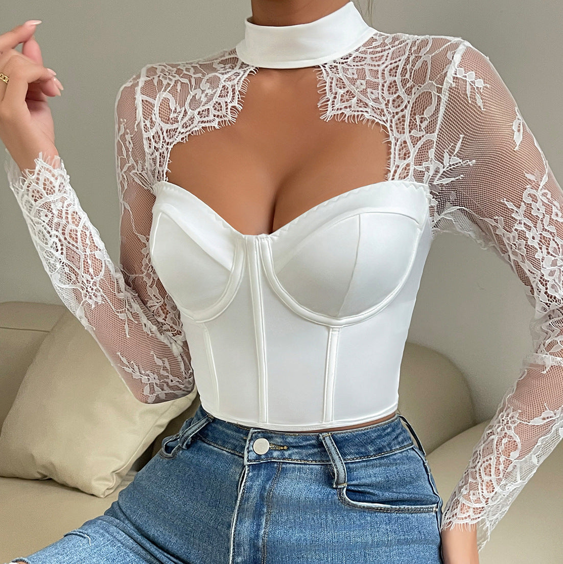 Elegant lace long sleeve bustier top with high collar and keyhole cutout for fashion