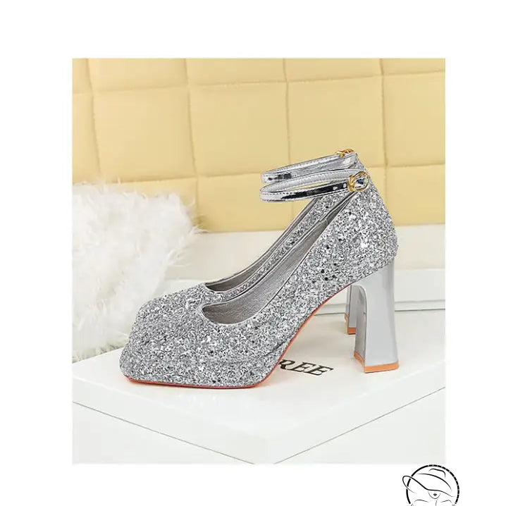 Waterproof Low Cut Square Toe Sequ Ankle Strap Shoes