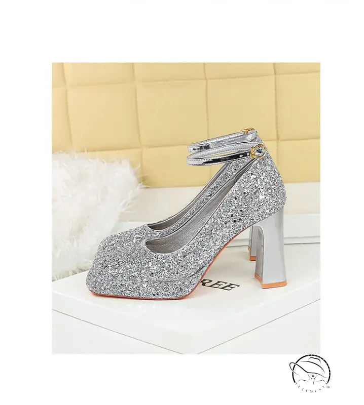 Waterproof Low Cut Square Toe Sequ Ankle Strap Shoes