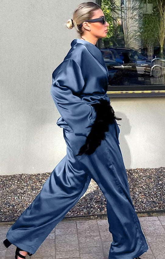 Langry fashion blue satin jumpsuit with black fur belt and high heels in ملابس winter feather set