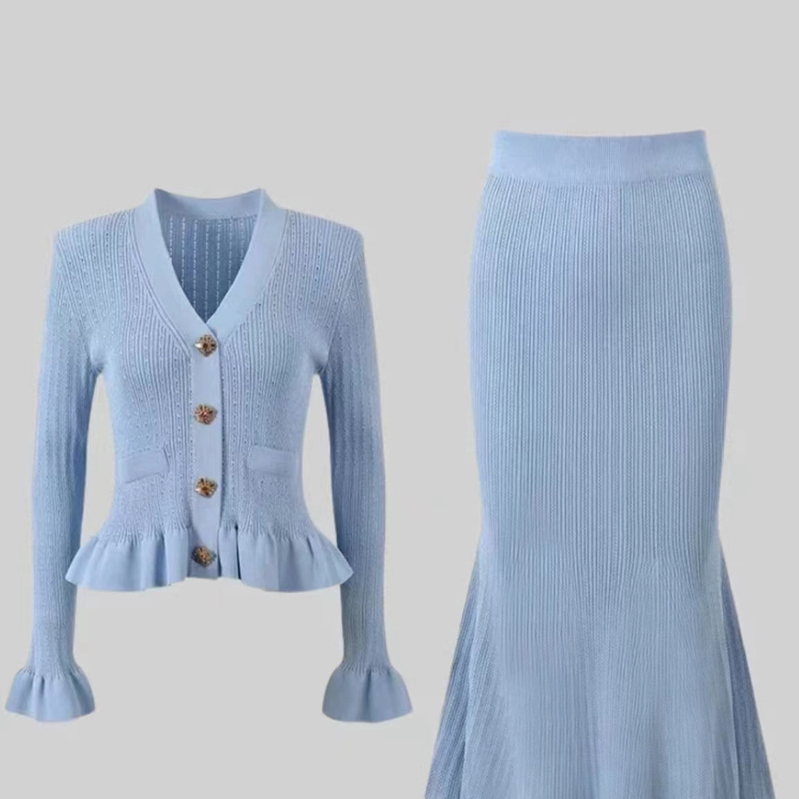 Light blue knit dress skirt set from Elegant Classic Dress & Skirt Set collection, stylish fashion