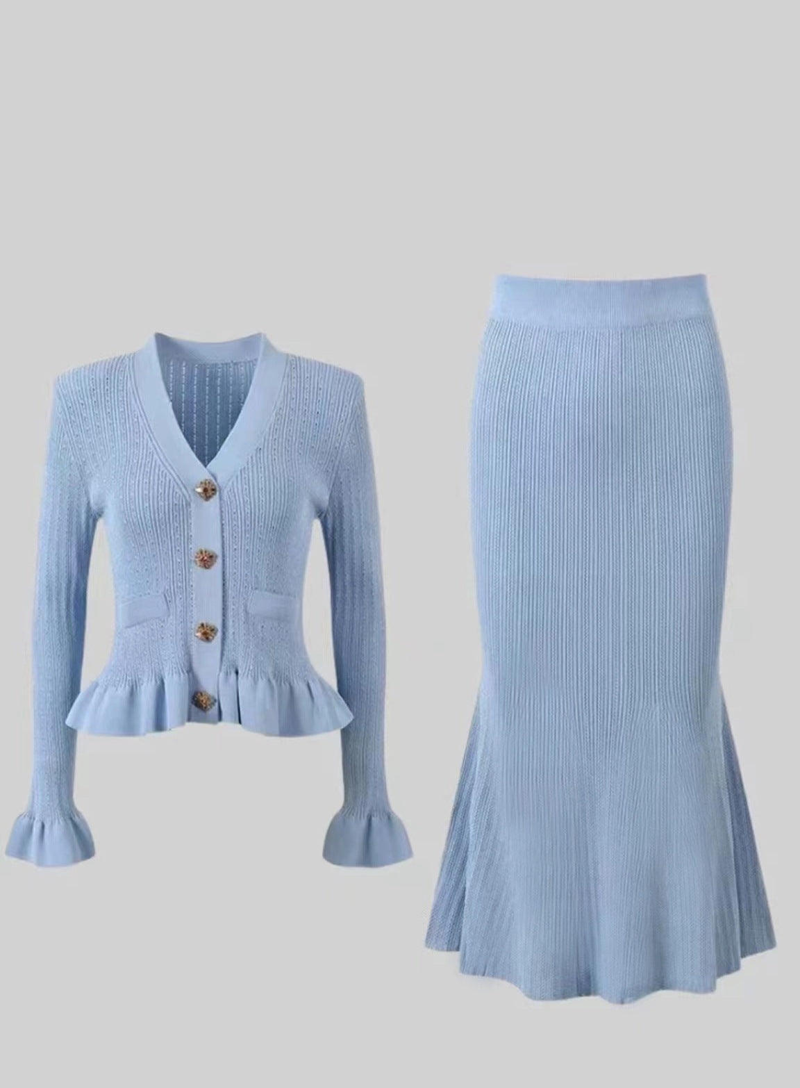 Light blue knit dress skirt set from Elegant Classic Dress & Skirt Set collection, stylish fashion