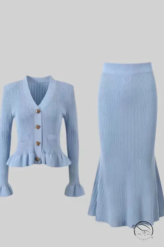 Elegant classic dress and skirt set in light blue knit