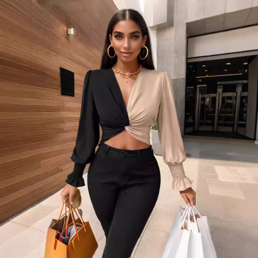 Elegant color matching T shirt featuring a stylish two-tone crop top with long sleeves for fashion and ملابس enthusiasts