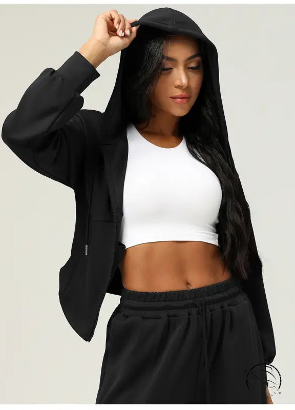 Black hooded casual cardigan sweater