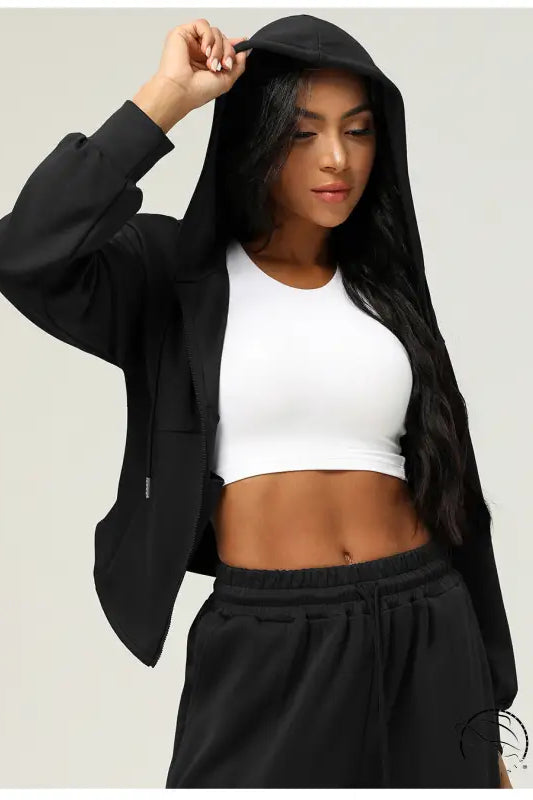 Black hooded casual cardigan sweater