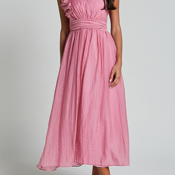 Pink one-shoulder midi dress with ruffle, gathered waist in women’s fashion ملابس
