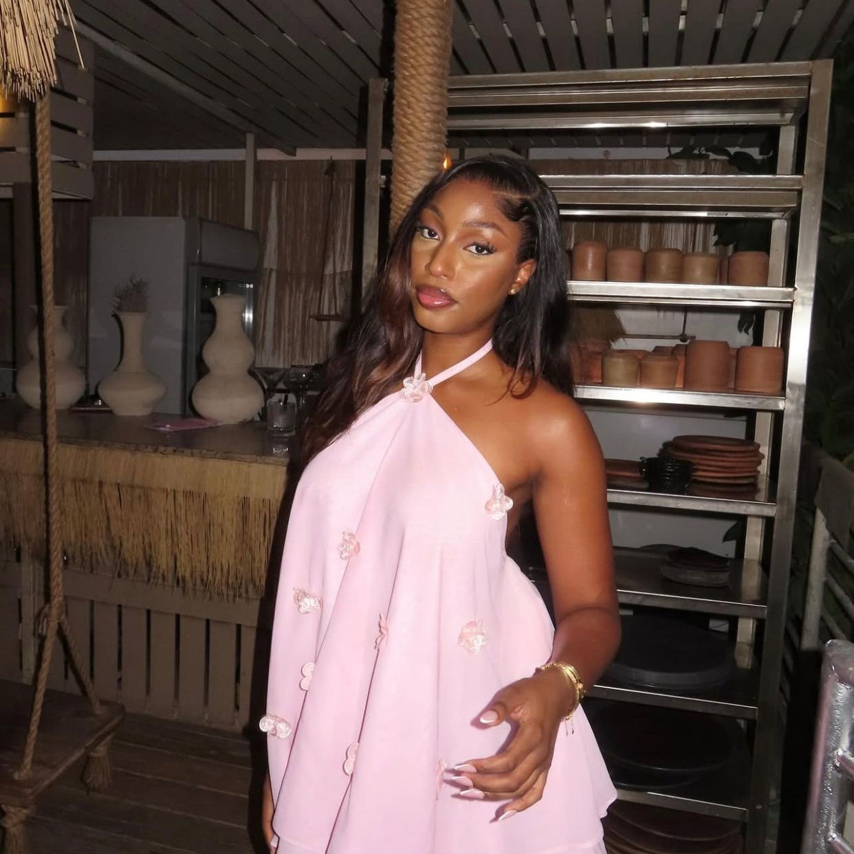 Pink floral halter chiffon mini dress with high-low hemline