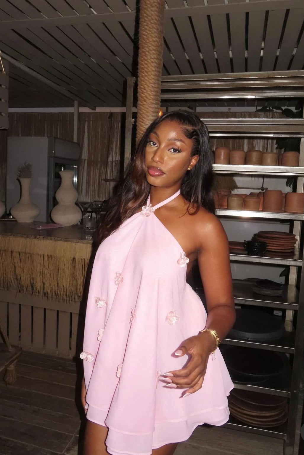 Pink floral halter chiffon mini dress with high-low hemline